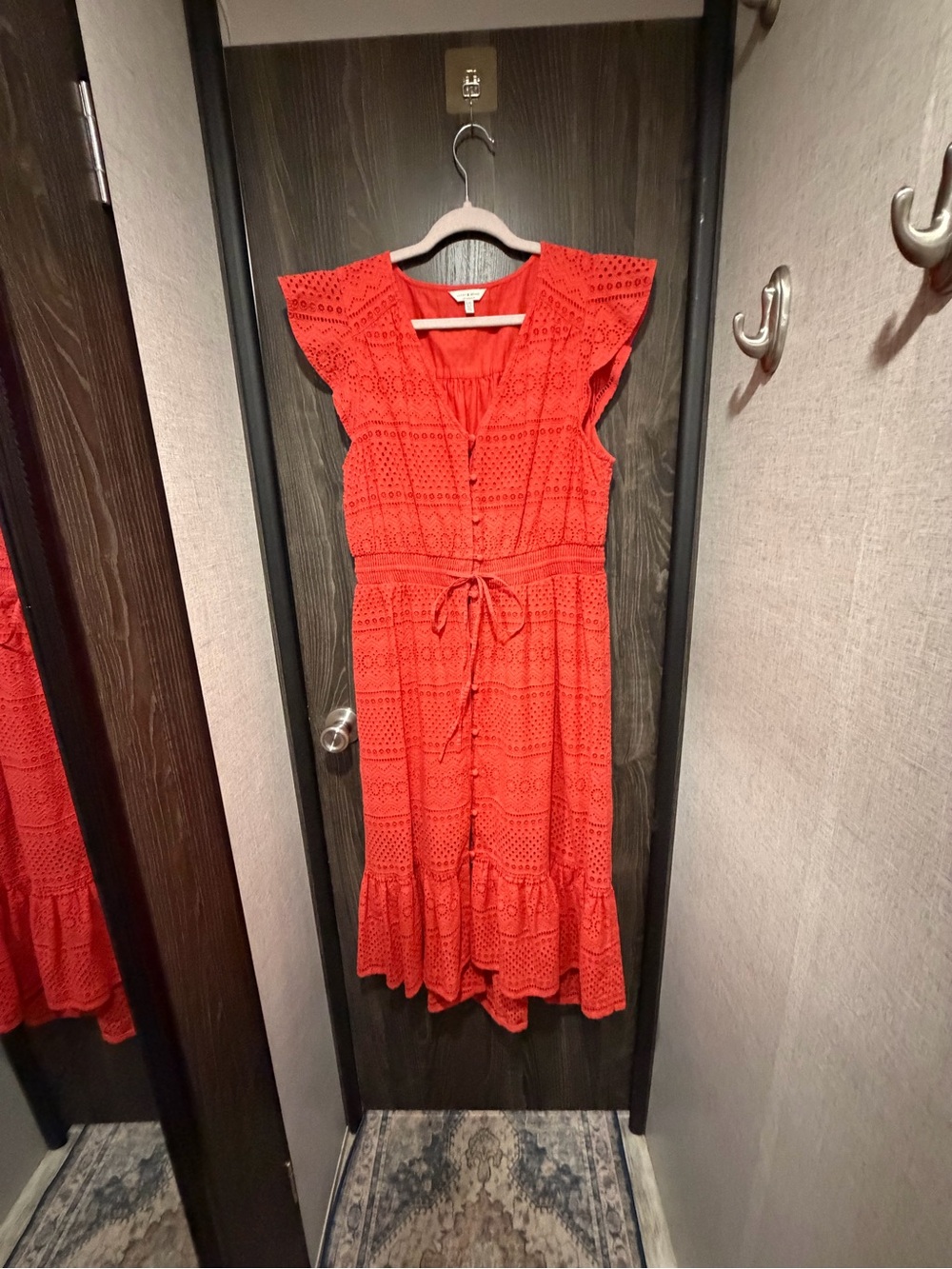Lucky Brand Coral Eyelet Midi Dress Size Large Boho Flutter Sleeve